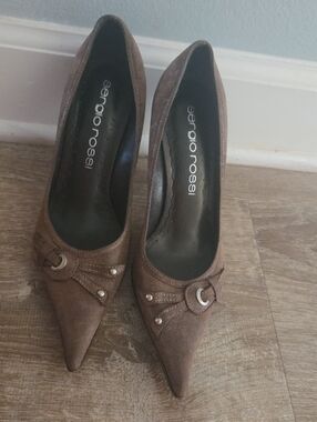 Sergio Rossi Brown Suede Pointed-Toe Pumps with Buckle Detail